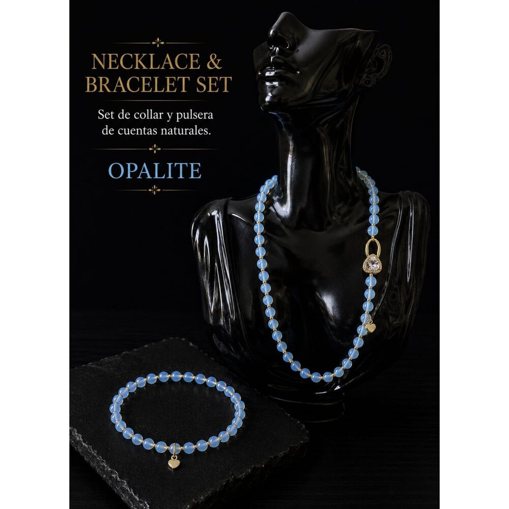Natural Opalite Necklace and Bracelet Set – Matching Beaded Jewelry with Gold Ac